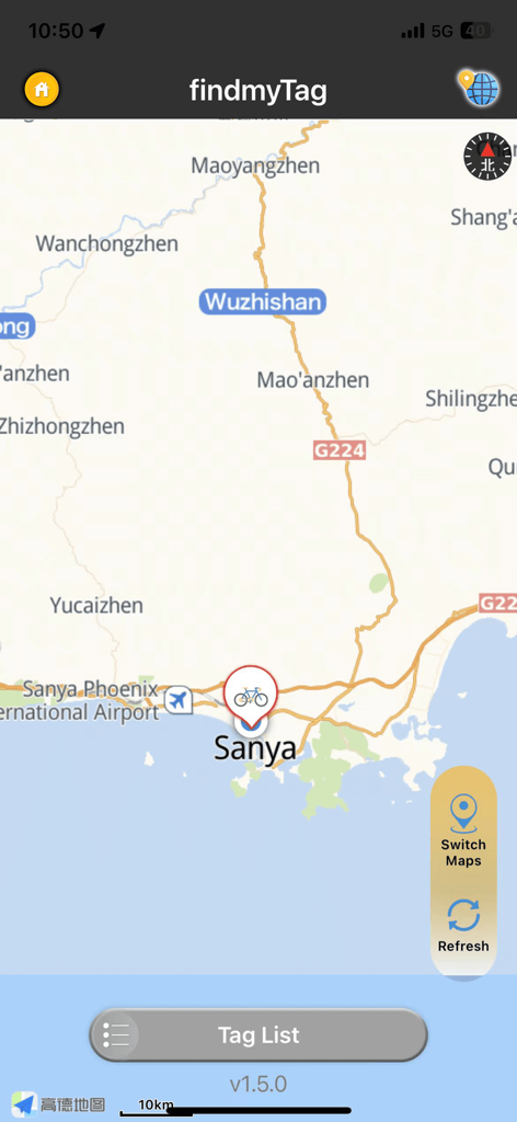 findmyTag - Map interface in findmyTag app showing the location of a tracked bicycle