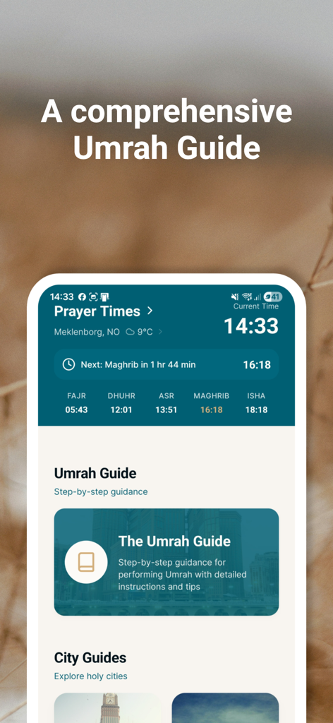Home screen of the Umrah Guide app showing prayer times and step-by-step pilgrimage guidance.