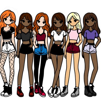 a group of girls wearing crop tops and shorts