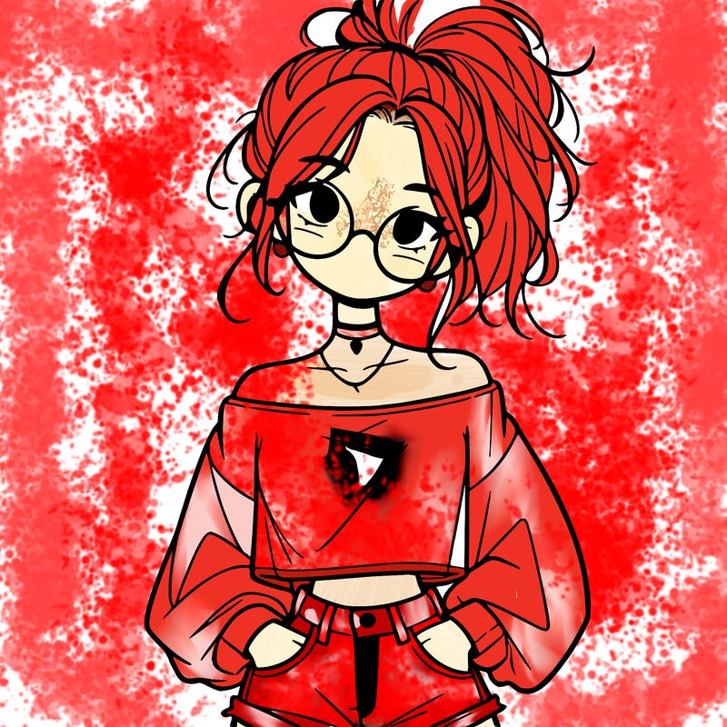 girl with a messy ponytail glasses a baggy crop top and jean shorts