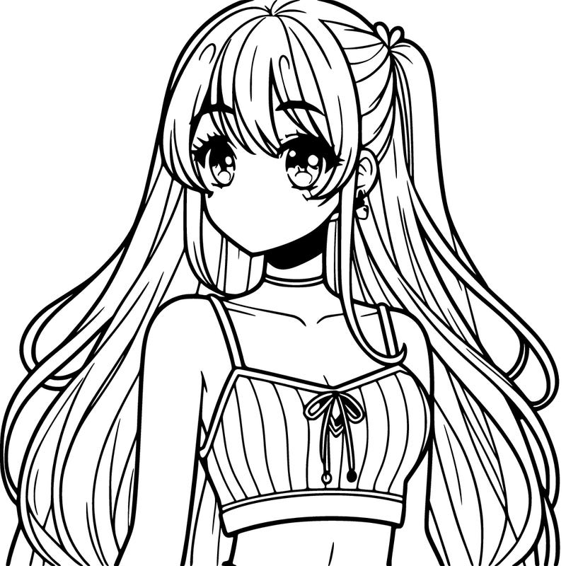 pretty anime girl in a crop top with long hair