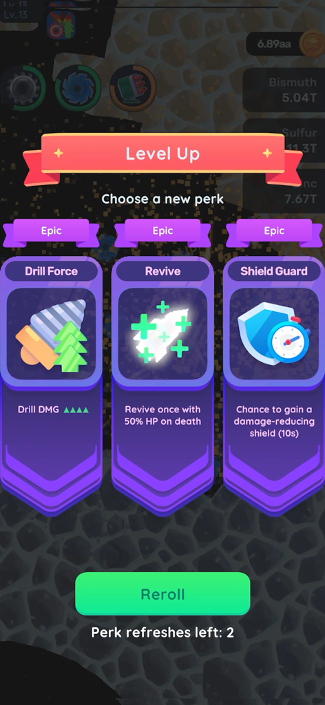 Planet Crusher: Mine & Attack - Level up screen in Planet Crusher showing three epic perk options including Drill Force Revive and Shield Guard