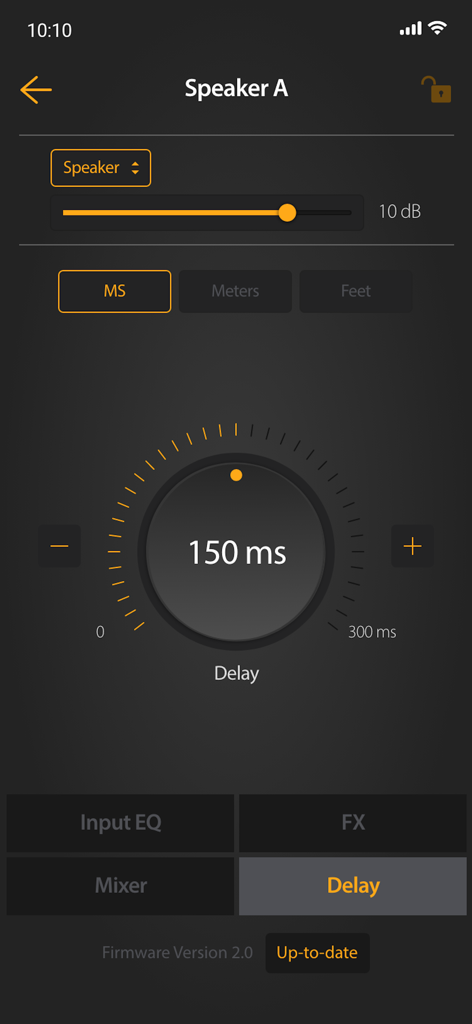 Show Mix - A screen from the Show Mix app showing a circular dial to adjust the loudspeaker delay setting in milliseconds