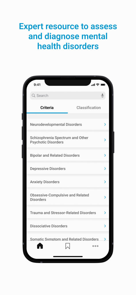 Pantalla de smartphone mostrando la interfaz de la aplicación DSM-5-TR con una lista de categorías de trastornos de salud mental