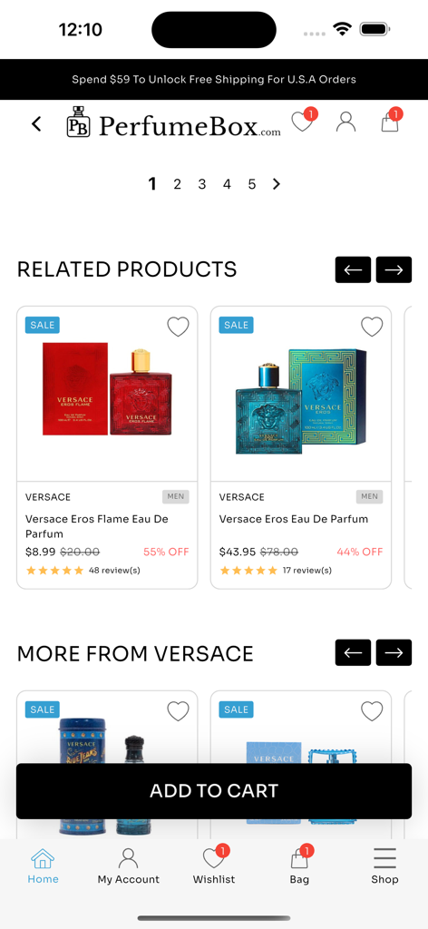 The PerfumeBox - Produktlistenseite in der The PerfumeBox App mit Versace Eros Düften im Angebot.