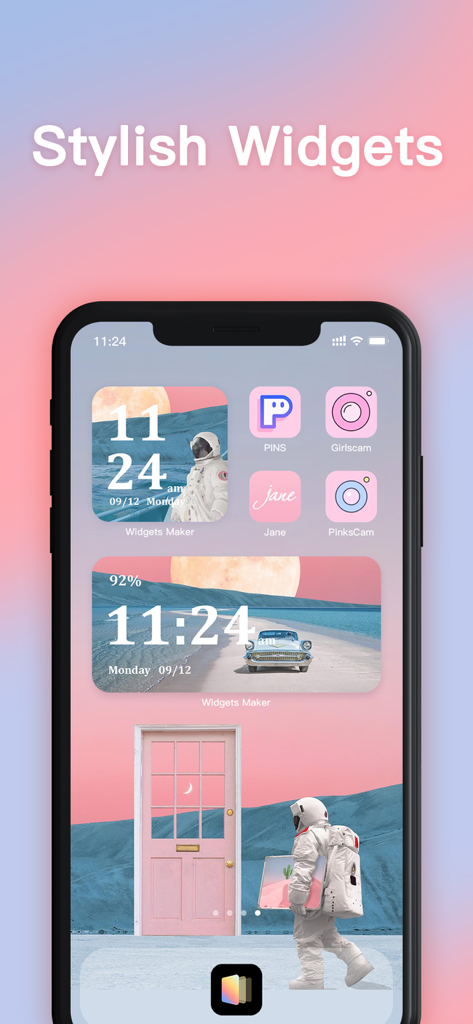 Estética de pantalla de inicio de iPhone que muestra elegantes widgets personalizados y iconos de aplicaciones personalizados