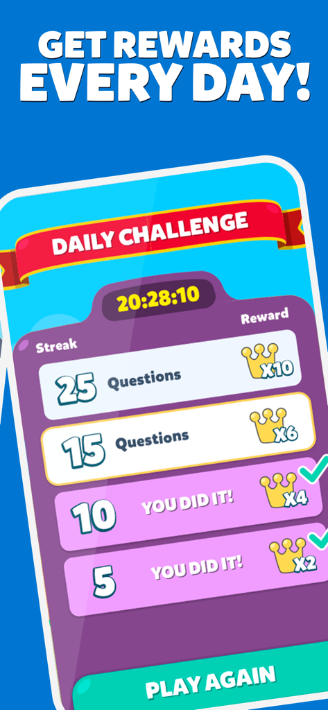 Daily challenge screen with rewards for Trivia Crack Retro