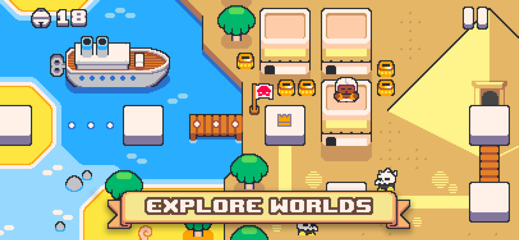 Super Cat Tales 2 - Mapa del mundo con arte de píxeles que muestra un pueblo de barcos y una pirámide en Super Cat Tales 2