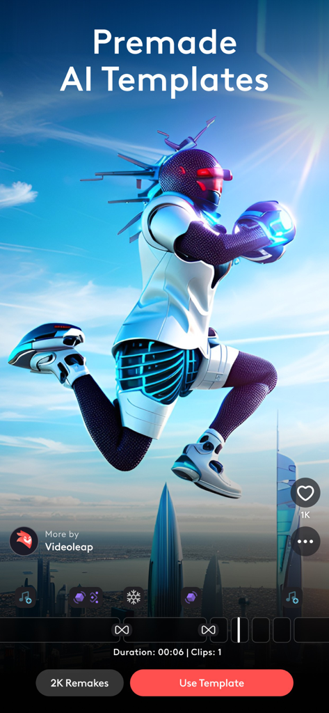 Pantalla de la aplicación Videoleap mostrando plantillas de IA preestablecidas con un personaje futurista saltando sobre una ciudad