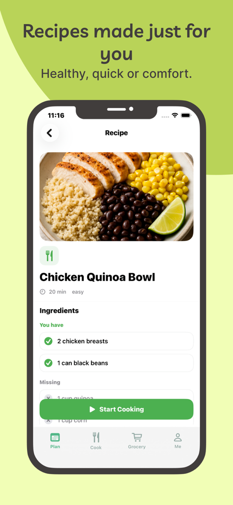 AI Meal Planner – Easy Dinner - Detalles de la receta de Bol de Quinoa con Pollo en la aplicación AI Meal Planner.