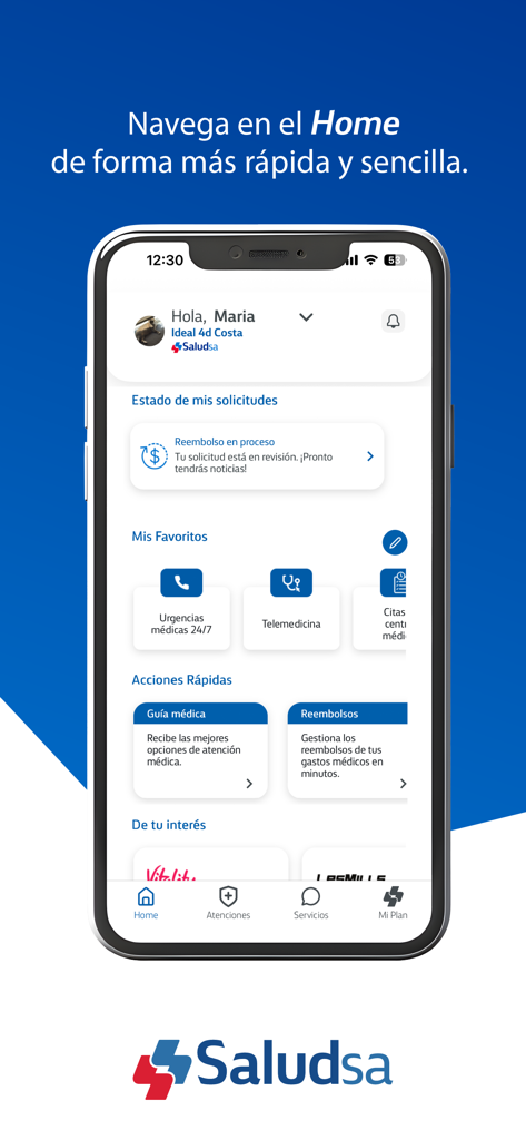 Saludsa mobile app home screen showing medical plan status and health service options.