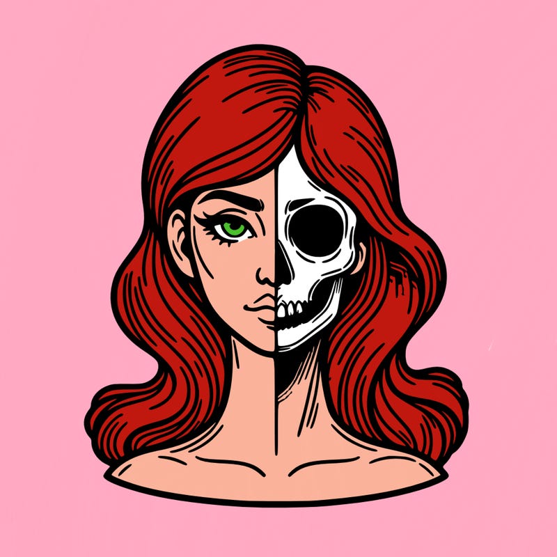 bust of a woman, half face and hair, half skull