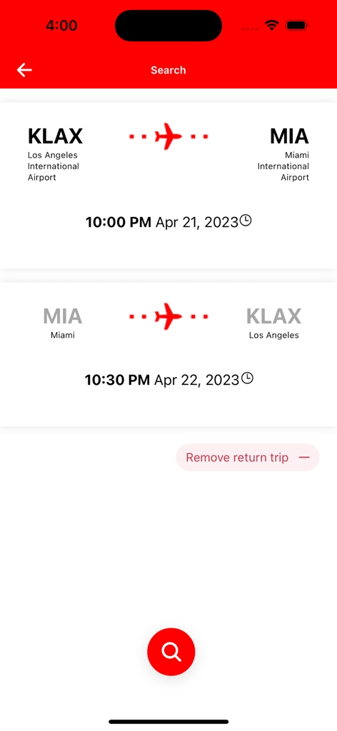Fly Air - Écran de l'application Fly Air montrant une recherche de vol aller-retour entre Los Angeles et Miami