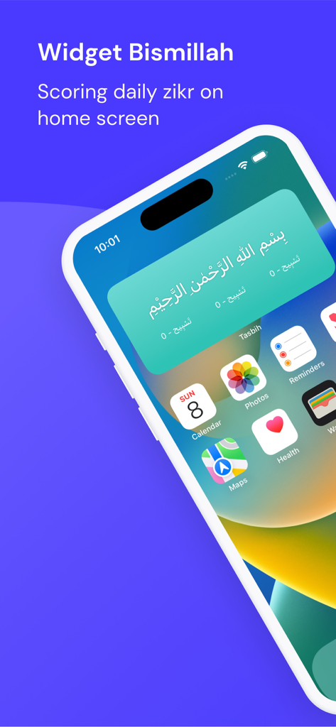 Tasbih Digital - iPhone home screen displaying the Tasbih Digital Bismillah widget for tracking daily zikr count