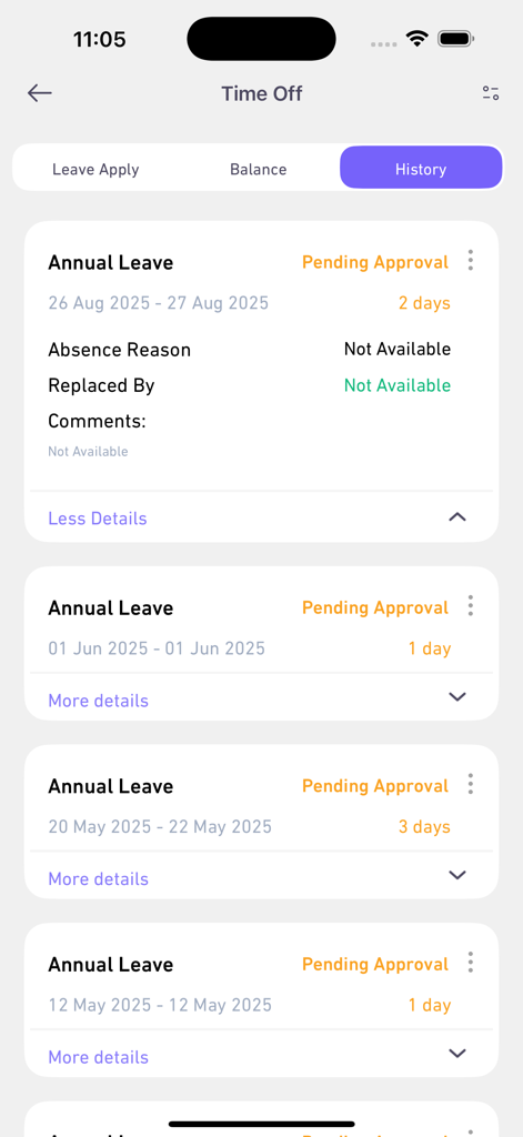 몰-마웨드 앱의 보류 중인 연차 휴가 신청 내역을 보여주는 휴가 내역 화면