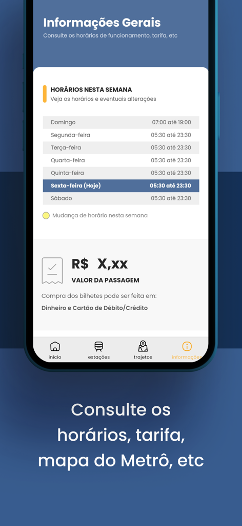 A mobile interface from the Metrô DF app displaying weekly train schedules and ticket fare details.