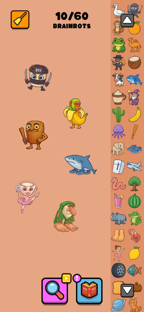 Brainrot Craft: Infinite Merge - A mobile game screen showing various merged meme characters and a sidebar of icons for crafting.