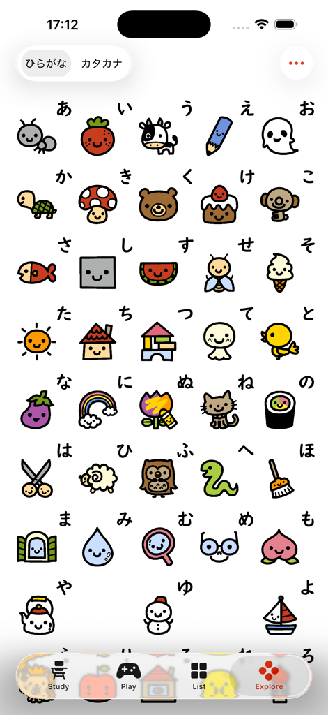 Cuadrícula del alfabeto Hiragana japonés con lindas mnemotecnias de caracteres para el aprendizaje de idiomas