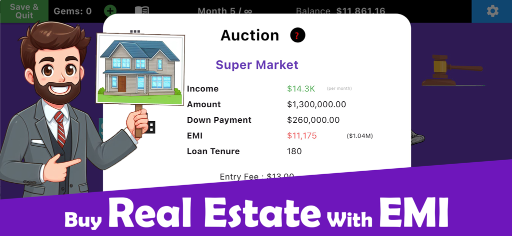 Rat Race 2 - Investing Game - Pantalla del juego de inversión Rat Race 2 que muestra una subasta de propiedades inmobiliarias con detalles de EMI