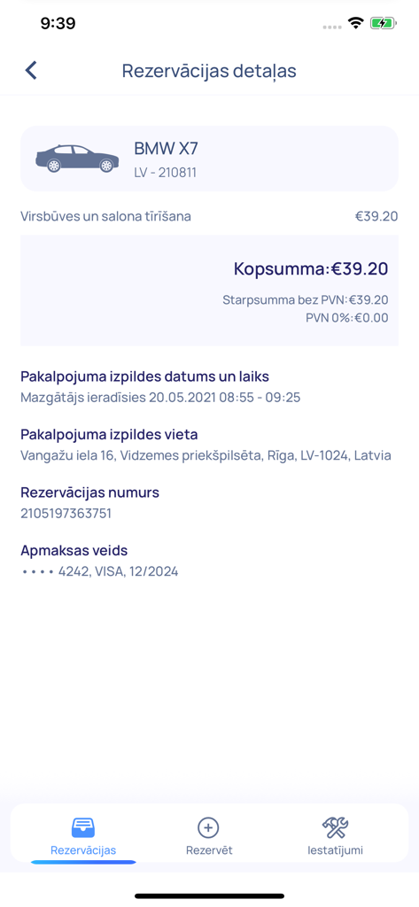 WashCar - Detailed summary of a car wash booking in the WashCar mobile app