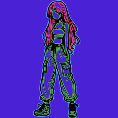 girl in baggy pants crop top and long hair