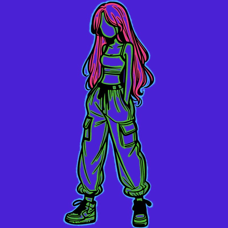 girl in baggy pants crop top and long hair