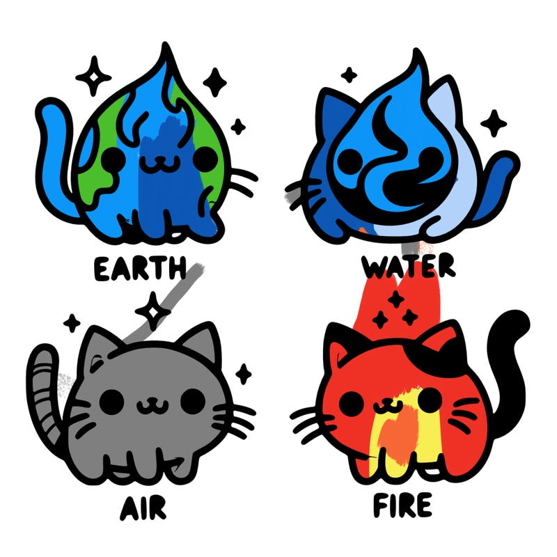 4 cats that represent the different elements, earth, water, air, and fire