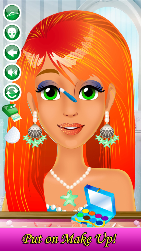 Mermaid Makeover & Salon Spa - A mermaid with bright orange hair and seashell earrings getting colorful makeup applied in a salon game.
