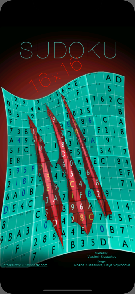 Pantalla de título de Sudoku 16x16 que muestra una cuadrícula de puzzle curvada con grandes marcas de garras rojas