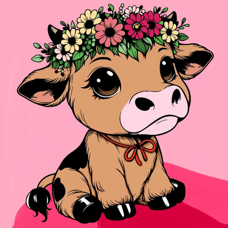 realistic adorable cow with flower crown