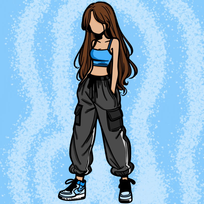 girl in baggy pants crop top and long hair