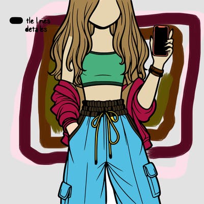 girl holding her phone with baggy pants and crop top