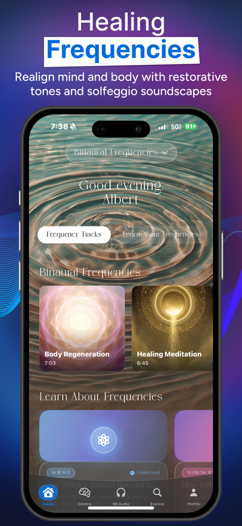 Omnira: Focus & Sleep Sounds - Omnira app interface displaying restorative healing frequencies and binaural beats categories