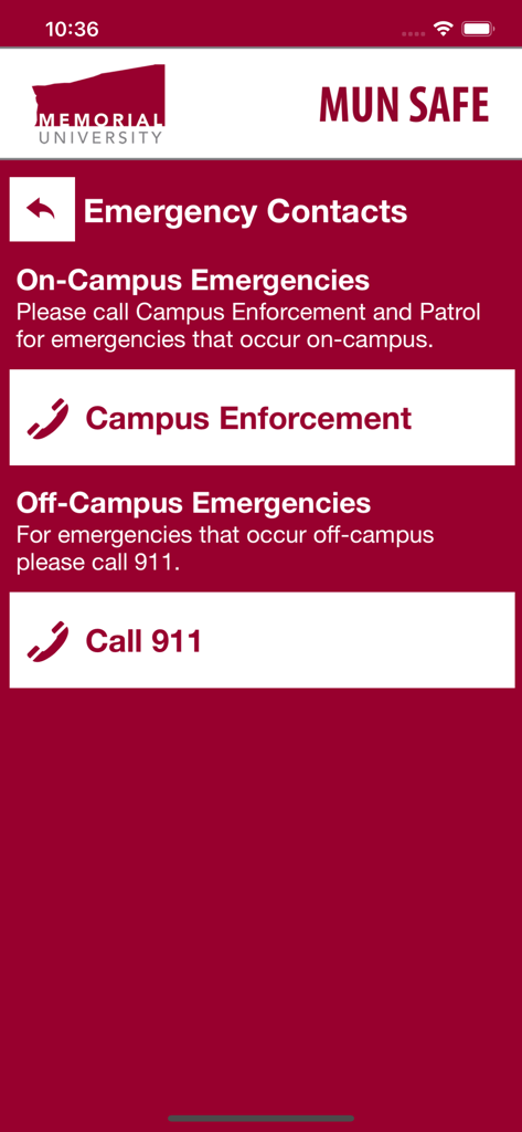 MUN Safe - Emergency contacts screen in the MUN Safe app showing buttons for Campus Enforcement and calling 911