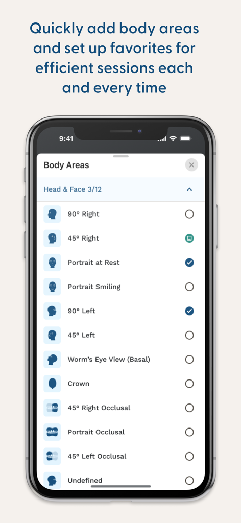 Mobile interface of ImageAssist showing clinical photography angles for medical documentation of head and face