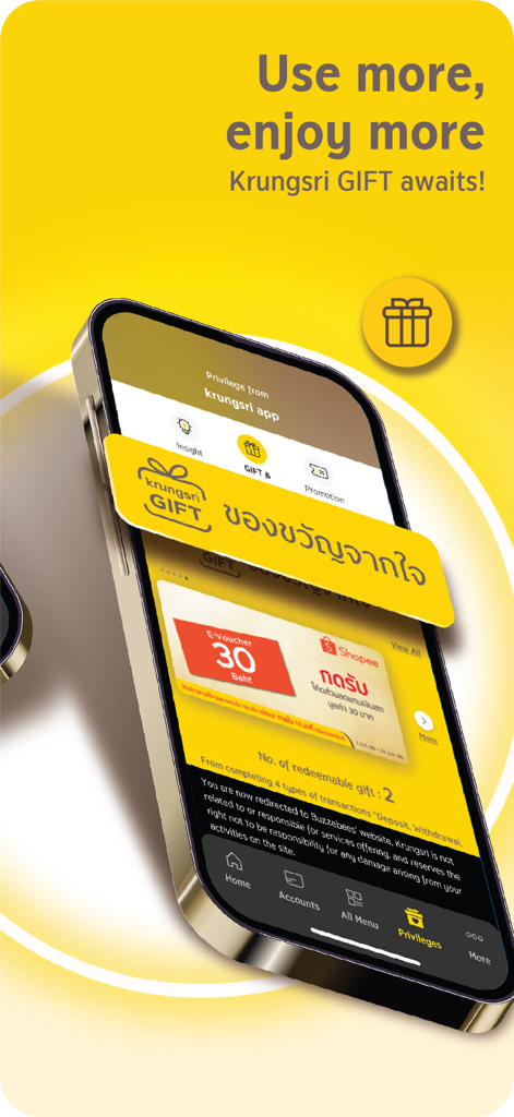 krungsri - Krungsri mobile app screen highlighting the Krungsri GIFT loyalty rewards program and vouchers