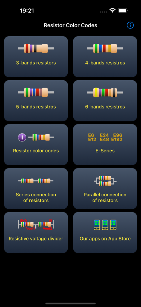 Resistor color codes calc - 抵抗カラーコード計算機アプリのメインメニュー。3〜6バンド抵抗器、Eシリーズ、回路接続計算のためのツールが特徴です。