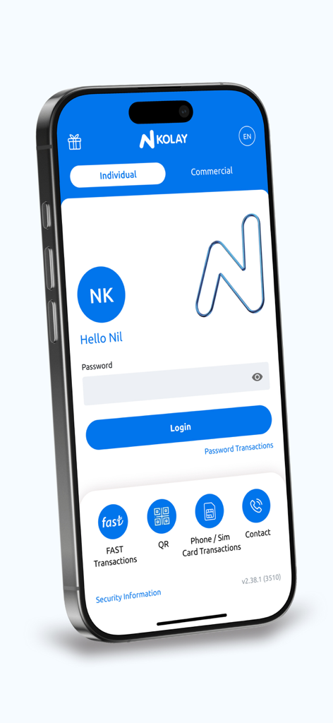 모바일 기기에서 N Kolay 디지털 뱅킹 앱 로그인 화면