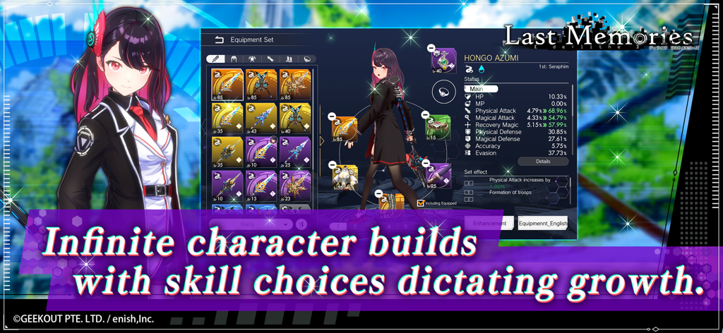 De:Lithe Last Memories - Pantalla de equipo y estadísticas de personajes de De Lithe Last Memories que muestra posibilidades de construcción infinitas para Hongo Azumi