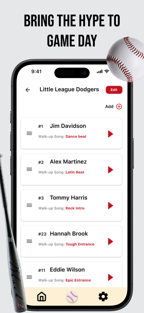 Baseball Walk-Up Songs - Mobile app interface displaying a youth baseball team lineup with custom walk up songs assigned to each player