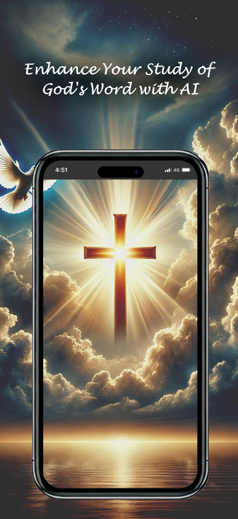 Bible & AI: KJV with Apocrypha - Smartphone displaying a glowing cross in the clouds with a white dove and text about enhancing bible study with AI