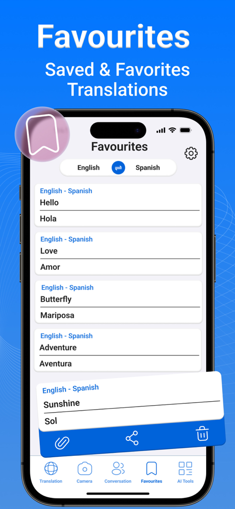 Pantalla de smartphone de la aplicación Traductor IA mostrando una lista de traducciones guardadas de inglés a español en la sección Favoritos.