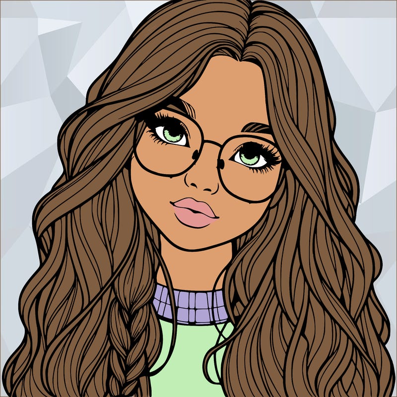 girl with long hair and freckles and glasses realistic