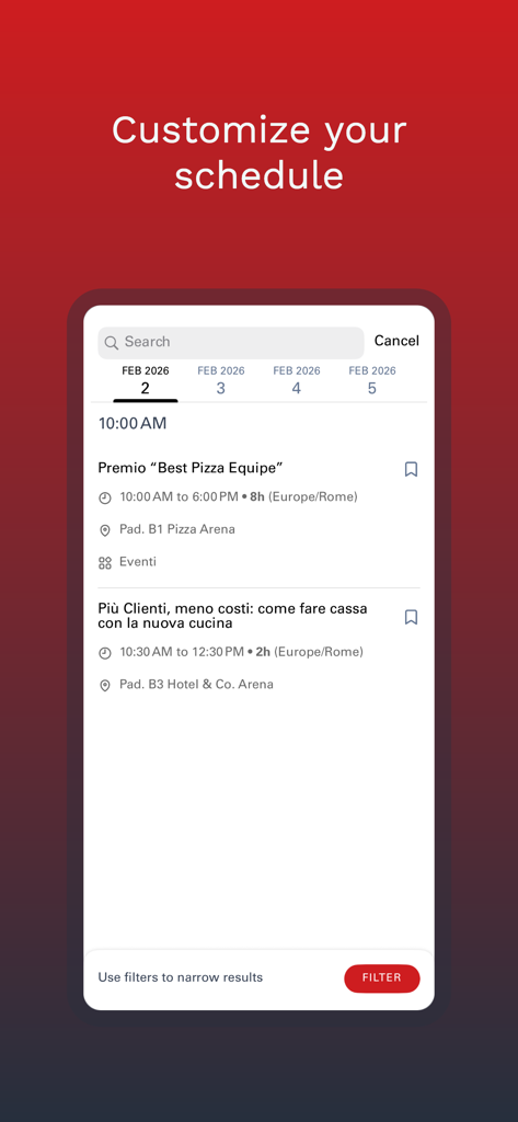 Hospitality Digital Space - ホスピタリティ・デジタル・スペースアプリのパーソナライズされたイベントスケジュールインターフェース、見本市セッションを管理するため