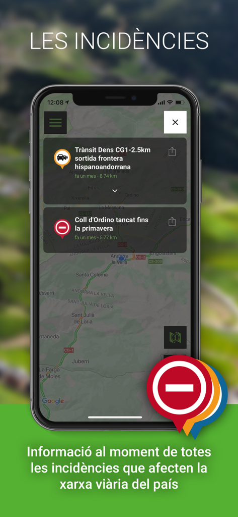 Mobilitat Andorra - Captura de tela do aplicativo Mobilitat Andorra mostrando incidentes de tráfego em tempo real e status do tráfego em um mapa
