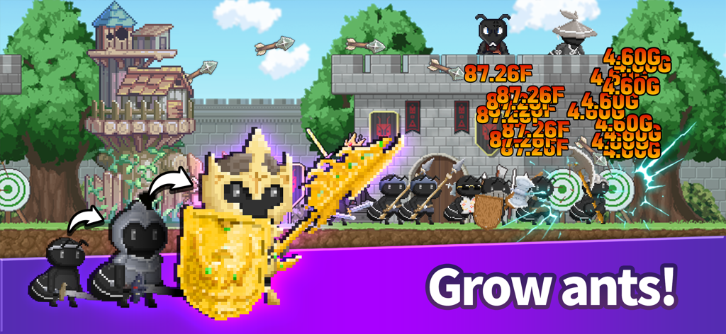 Ant Hero : Defense Idle RPG - Pixel art scene showing ant characters evolving into powerful golden armored warriors to defend their castle
