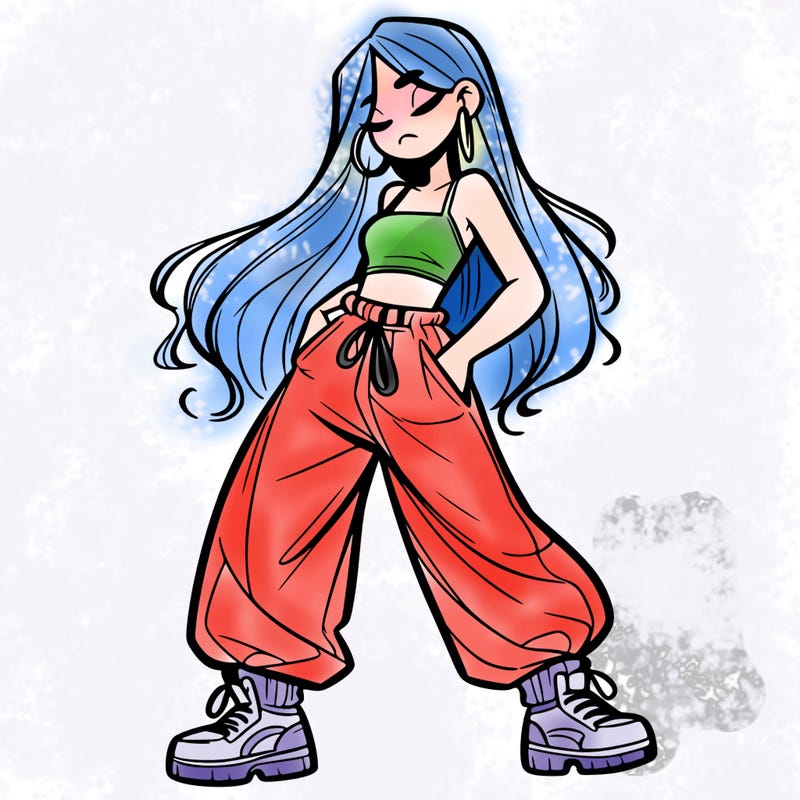 girl in baggy pants crop top and long hair
