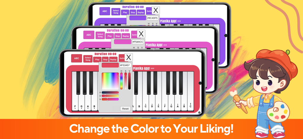 A graphic showing the Pianika app's color customization feature with multiple colored themes and a cartoon character holding a paint palette