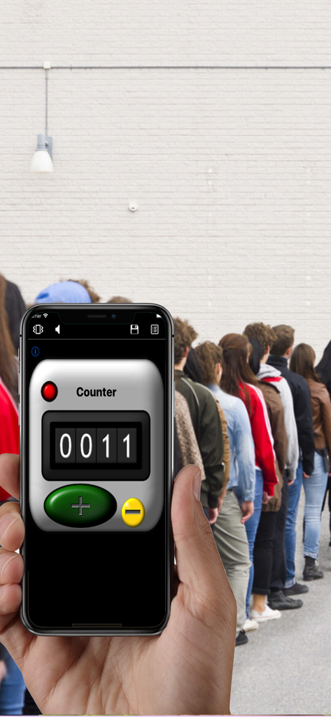 Counter+. - Un smartphone affichant l'application Counter Plus utilisée pour compter les personnes dans une file d'attente
