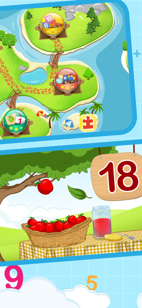 Educational gameplay showing map levels and an apple counting activity to learn numbers in Spanish